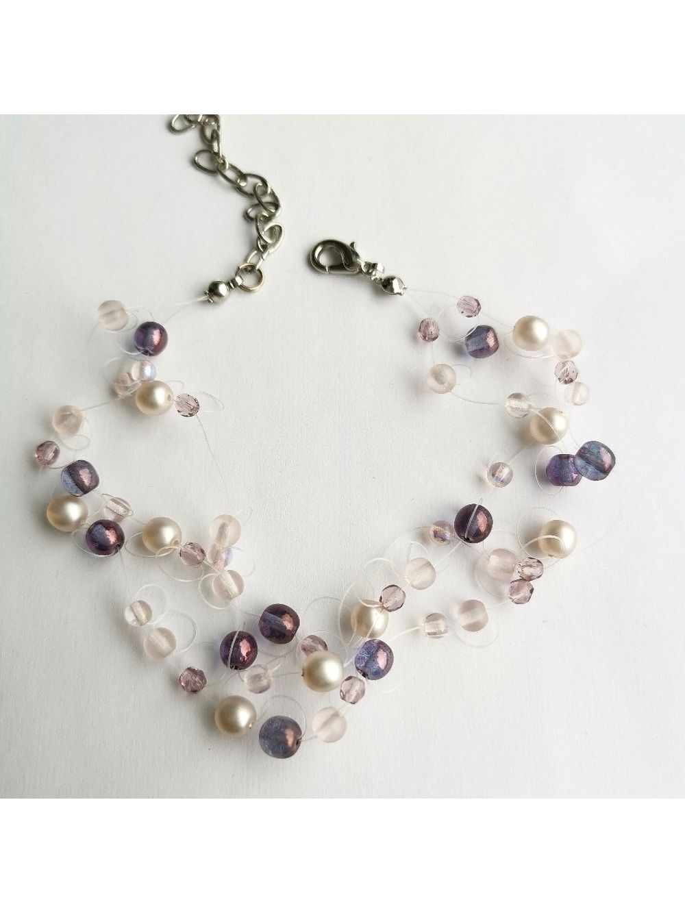 Pink Crystal and Lavender Pearl Illusion Necklace - Picture 4 of 4